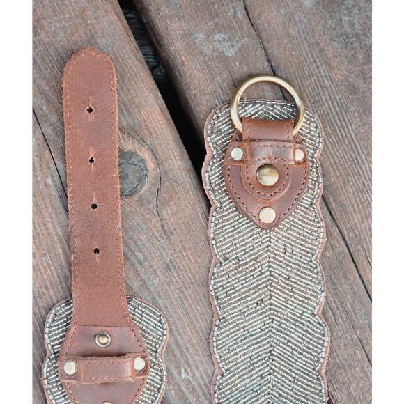 Wide Beaded Leather Belt Scalloped Boho Anthropologie Style Small main image 4